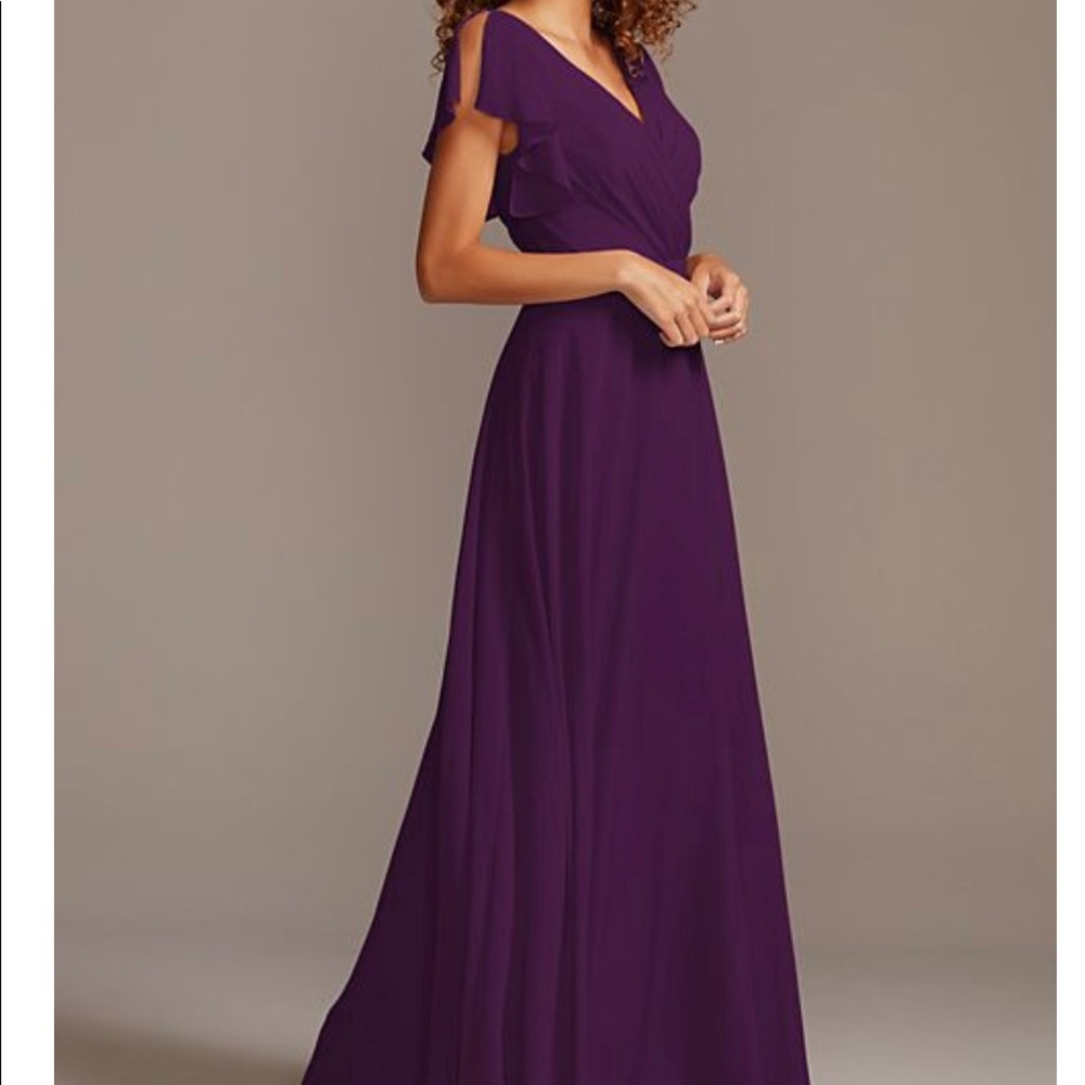 David’s Bridal Bridesmaid Flutter Sleeve Dress in shade Eggplant